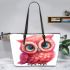 Cute pink owl with big eyes leather tote bag