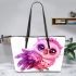 Cute pink owl with big eyes leather tote bag