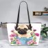 Cute pug dog inside a flower bucket leather tote bag