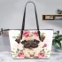 Cute pug puppy with pink roses and butterfly leather tote bag