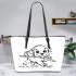 Cute puppy playing with a stick coloring page for kids leather tote bag