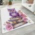 Cute purple owl sitting on top of books surrounded by pink roses area rugs carpet