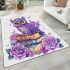 Cute purple owl sitting on top of books surrounded by pink roses area rugs carpet