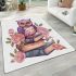 Cute purple owl sitting on top of books surrounded by pink roses area rugs carpet