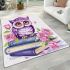 Cute purple owl sitting on top of books with pink roses area rugs carpet