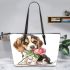 Cute valentine's day beagle puppy holding a pink rose leather tote bag