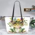 Cute watercolor cartoon frog with glasses and flowers leaather tote bag