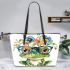 Cute watercolor cartoon frog with glasses and flowers on its head leaather tote bag