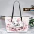 Cute white bunnies with pink flowers leather tote bag