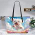 Cute white puppy running in a flower sea leather tote bag