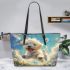 Cute white puppy running in a flower sea leather tote bag