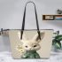 Cute white rabbit holding daisies leather tote bag