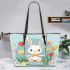 Cute white rabbit sitting on the swing leather tote bag