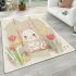 Cute white rabbit sitting on the swing area rugs carpet