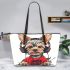 Cute yorkshire terrier dog wearing headphones leather tote bag
