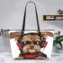 Cute yorkshire terrier dog wearing headphones leather tote bag