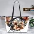 Cute yorkshire terrier dog wearing headphones leather tote bag