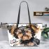 Cute yorkshire terrier dog wearing headphones leather tote bag