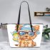 Cute yorkshire terrier in a summer hat and sunglasses holding leather tote bag