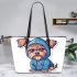 Cute yorkshire terrier in hoodie leather tote bag