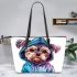 Cute yorkshire terrier in hoodie leather tote bag