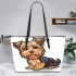 Cute yorkshire terrier in the style of digital cartoon leather tote bag