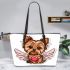 Cute yorkshire terrier with angel wings and heart leather tote bag