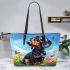 Dachshund in the garden with colorful tulips and butterflies leather tote bag