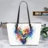 Deer head with colorful watercolor splash behind leather totee bag