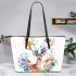 Deer with colorful flower horns leather totee bag