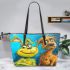 Dogs and yellow grinchy smile toothless like leather tote bag