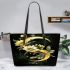 Dragonflies and three flowers on the moon leather tote bag