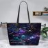 Dragonflies with glowing wings leather tote bag