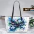 Dragonfly with swirling lines and swirls leather tote bag