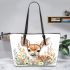 Floral to cute deer with big head and eyes leather totee bag