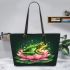 Frog jumping on a pink lotus flower leaather tote bag