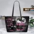 Giant panda under the moon surrounded by pink cherry blossom trees leather tote bag