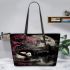 Giant panda under the moon surrounded by pink cherry blossom trees leather tote bag