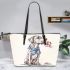 Great dane with a blue bandana sitting holding pink flowers leather tote bag