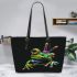 Green frog doing the peace sign in vibrant colors leaather tote bag