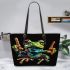 Green frog doing the peace sign in vibrant colors leaather tote bag