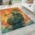 Green frog sitting on top of an island with trees and flowers area rugs carpet