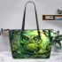 Green owl cartoon leather tote bag