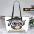 Grey owl with big eyes wearing glasses leather tote bag