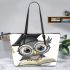 Grey owl with big eyes wearing glasses leather tote bag