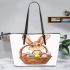 Happy easter bunny with a basket full of colored eggs leather tote bag