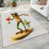 Happy frog wearing sunglasses surfing on a surfboard while holding area rugs carpet