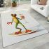 Happy frog wearing sunglasses surfing on a surfboard while holding area rugs carpet