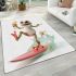 Happy frog wearing sunglasses surfing on a surfboard while holding area rugs carpet