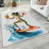 Happy frog wearing sunglasses surfing on a surfboard while holding area rugs carpet